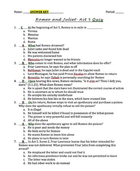 Romeo And Juliet Quizzes And Answer Keys On All 5 Acts Tpt