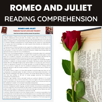 Preview of Romeo and Juliet Reading Comprehension Worksheet | William Shakespeare