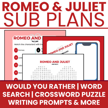 Preview of Romeo and Juliet Unit Sub Plans- Word Search/Crossword/Writing/Activities & More