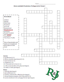 Romeo and Juliet Vocab Crossword (Prologue & 1.1) by Sarah Thursby