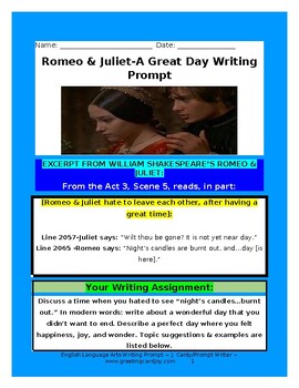 Preview of Romeo and Juliet, William Shakespeare-Writing Prompt on the Theme of Happy Days
