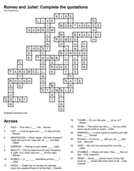 Romeo and Juliet crossword bundle for highschool by The Puzzle Guy