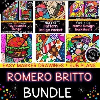 Preview of Abstract Art Lessons & Sub Plan- Easy Patterned Romero Britto Art Lesson Bundle