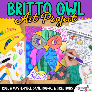 Preview of Romero Britto Owls Pop Art Lesson, Artist Study, & Rubric for Easy Art Sub Plans