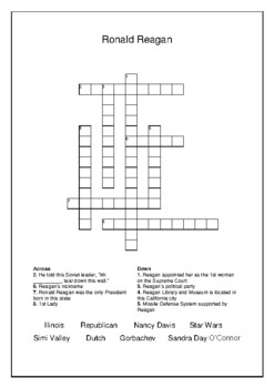 Ronald Reagan 40th President Crossword Puzzle Word Search Bell Ringer