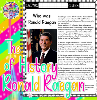 Preview of Ronald Reagan| History Facts + Passage + Worksheet + Timeline W/ Keys |