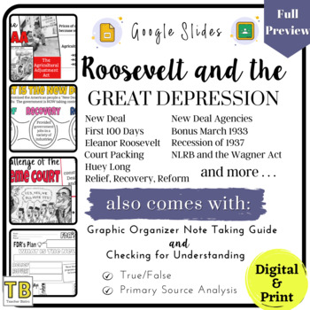 Preview of Roosevelt in the Great Depression Google Slides, Graphic Organizer & Worksheet