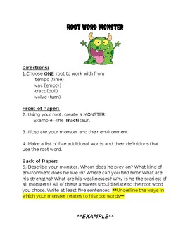 Preview of Root Word Monster - Instructions, Example, Template, Rubric