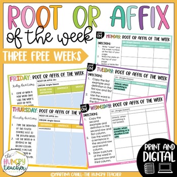 Preview of Root Words Affixes ELA Bell Ringers Middle School Digital | 3 Free Weeks