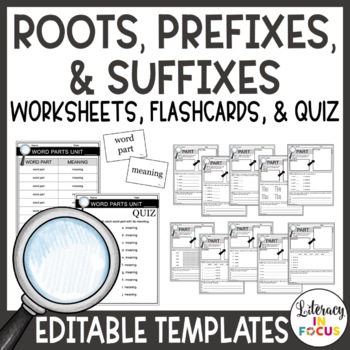 Preview of Root Words, Prefixes, & Suffixes Editable Templates | Worksheets | Flashcards