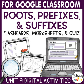 Preview of Root Words, Prefixes, & Suffixes Unit 9 | Google Classroom | Digital