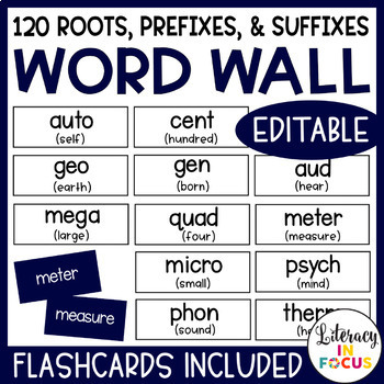 Preview of Root Words, Prefixes, & Suffixes Word Wall and Flashcards | Editable 