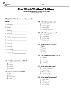 Root Words/ Prefixes/ Suffixes Worksheet or Test for 2nd or 3rd grade
