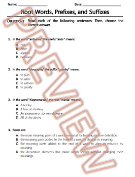 Preview of Root Words, Prefixes and Suffixes Worksheet. ELA Practice & Review. G.Doc (1/10)