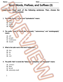 Preview of Root Words, Prefixes and Suffixes Worksheet. ELA Practice & Review. G.Doc (3/10)