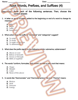 Preview of Root Words, Prefixes and Suffixes Worksheet. ELA Practice & Review. G.Doc (4/10)