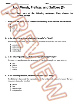 Preview of Root Words, Prefixes and Suffixes Worksheet. ELA Practice & Review. G.Doc (5/10)