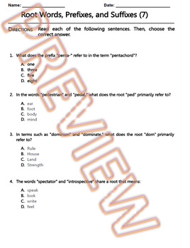 Preview of Root Words, Prefixes and Suffixes Worksheet. ELA Practice & Review. G.Doc (7/10)