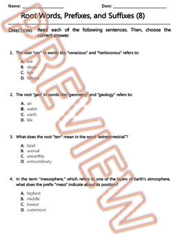 Preview of Root Words, Prefixes and Suffixes Worksheet. ELA Practice & Review. G.Doc (8/10)