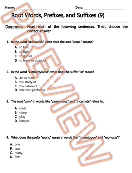 Preview of Root Words, Prefixes and Suffixes Worksheet. ELA Practice & Review. G.Doc (9/10)