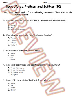 Preview of Root Words, Prefixes and Suffixes Worksheet ELA Practice & Review. W.Doc (10/10)