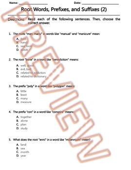 Preview of Root Words, Prefixes and Suffixes Worksheet. ELA Practice & Review. W.Doc (2/10)