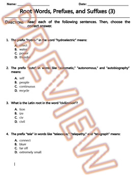 Preview of Root Words, Prefixes and Suffixes Worksheet. ELA Practice & Review. W.Doc (3/10)