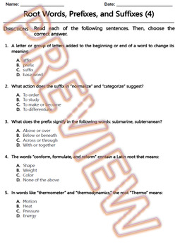 Preview of Root Words, Prefixes and Suffixes Worksheet. ELA Practice & Review. W.Doc (4/10)