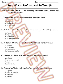 Preview of Root Words, Prefixes and Suffixes Worksheet. ELA Practice & Review. W.Doc (6/10)