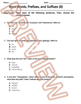 Preview of Root Words, Prefixes and Suffixes Worksheet. ELA Practice & Review. W.Doc (8/10)