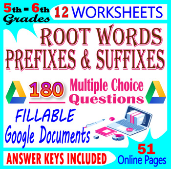 Preview of Root Words, Prefixes and Suffixes Worksheets. FILLABLE 5th-6th Grade ELA Review
