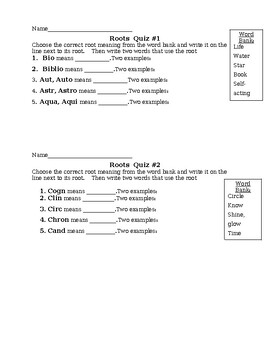 Preview of Root Words Quiz #1 & 2 Word Bank