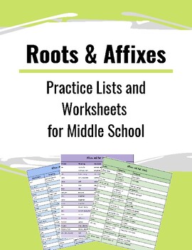 Preview of Roots & Affix Lists and Practice Worksheets for Middle School