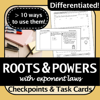 Preview of Roots, Powers & Exp Laws Task Cards & Checkpoints | Differentiated, Engaging!