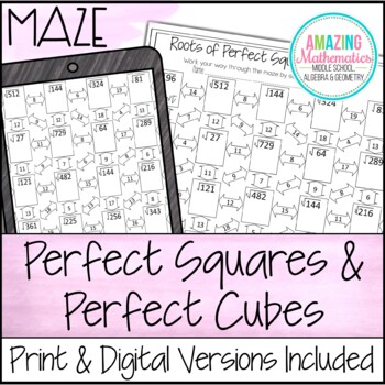 Preview of Roots of Perfect Squares & Perfect Cubes Maze Worksheet Activity - PDF & Digital