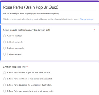Preview of Rosa Parks (Brain Pop Jr. Quiz) 5 questions