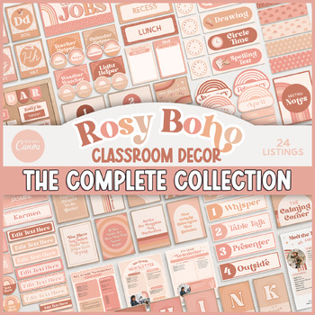 Preview of Rosy Boho Classroom Decor Complete Collection Bundle