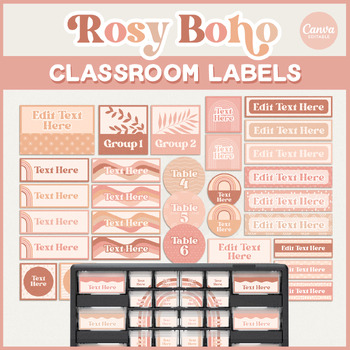 Preview of Rosy Boho Classroom Labels Editable Templates, Bin Organization