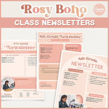 Preview of Rosy Boho Classroom Newsletter Editable Templates, Back to School Canva