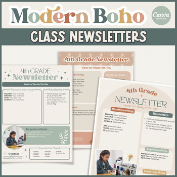 Preview of Modern Boho Classroom Newsletter Editable Templates | Back to School Canva