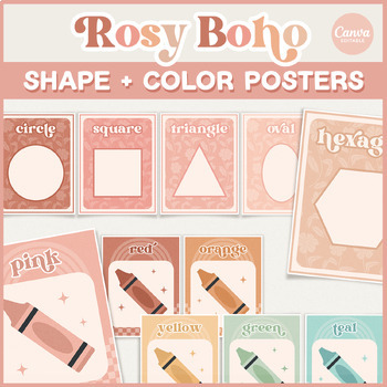 Preview of Rosy Boho Classroom Shapes and Colors Printable Display, Canva Templates