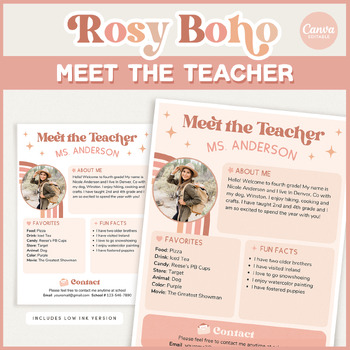 Preview of Rosy Boho Meet the Teacher Classroom Editable Template, Teacher Introduction