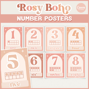Preview of Rosy Boho Number Ten Frames Classroom Editable Posters, Canva Templates