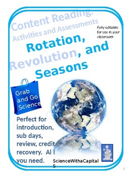Preview of Rotation, Revolution, and Seasons Grab and Go Content Reading and Activities