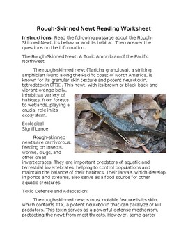 Preview of Rough-Skinned Newt Reading Worksheet w/Answer Key **Editable**