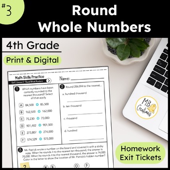 Preview of Round Multidigit Whole Numbers Worksheets L3 4th Grade iReady Math Exit Tickets