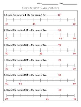 Round to the Nearest Ten Using a Number Line Practice or Assessment Sheets