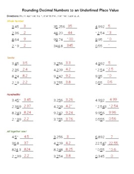 Rounding Decimal Numbers to an Underlined Place Value - WORKSHEET for ...