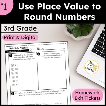 Preview of Rounding Whole Numbers Worksheets FREEBIE L1 3rd Grade iReady Math Exit Tickets