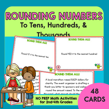 Preview of Rounding Numbers Task Cards | Round to Tens, Hundreds, Thousands | Math Practice